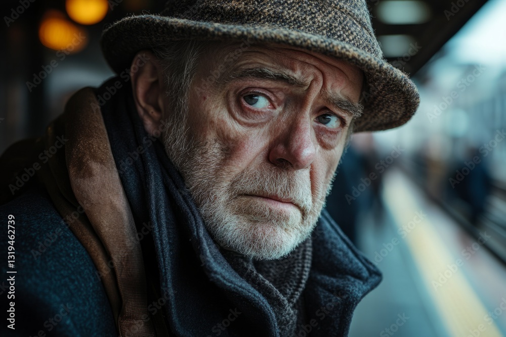 Close-up of thoughtful senior man wearing hat and scarf, waiting at train station platform Close-up of thoughtful senior man wearing hat and scarf, waiting at train station platform