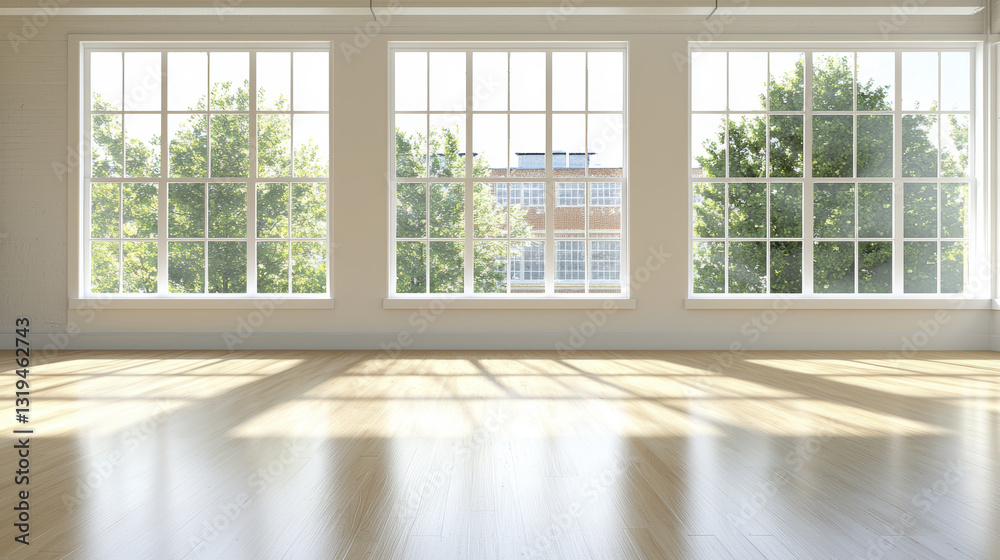 Fototapeta premium Bright and airy room with large windows showcasing greenery outside