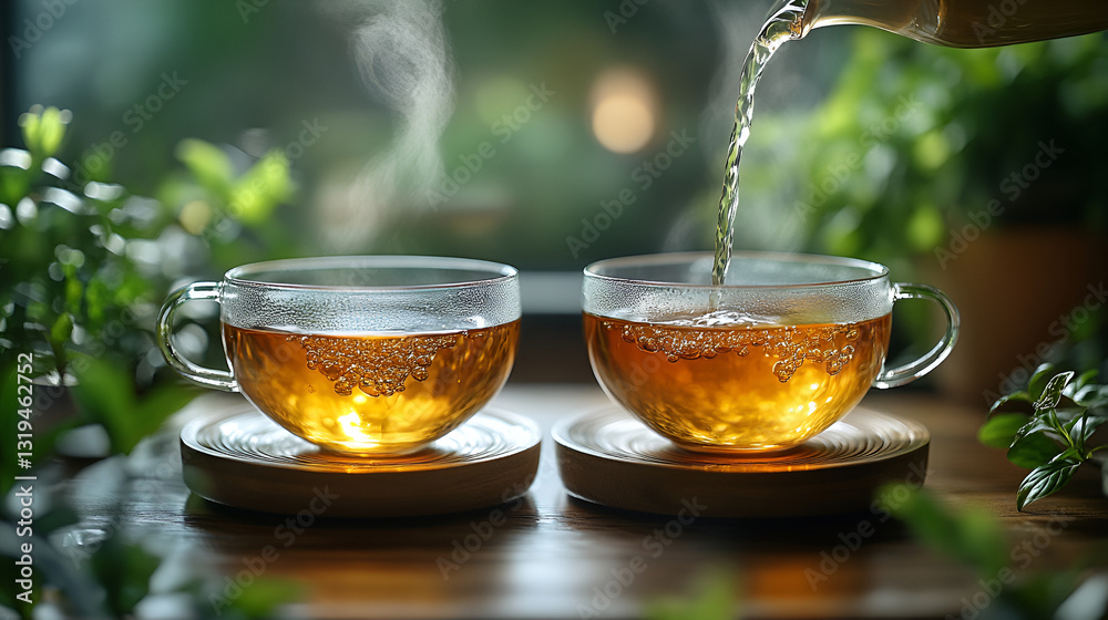 Fototapeta premium Tea ceremony with hot tea cups, tranquil ritual, serene tradition, closeup detail