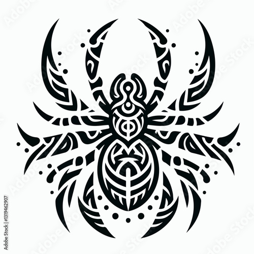 Tribal Spider Illustration: A captivating tribal illustration of a spider, rendered in striking black lines with intricate patterns, showcasing a blend of art, culture, and design elements.