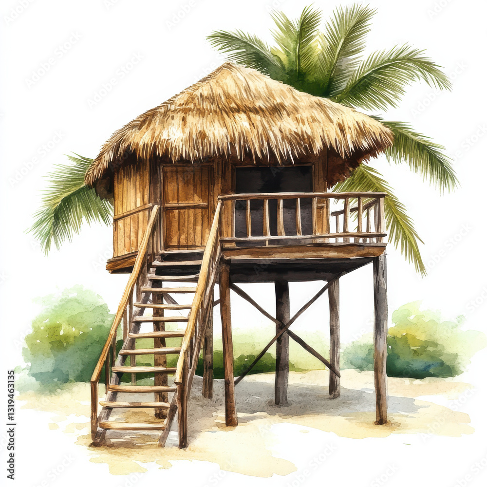 Fototapeta premium charming watercolor illustration of tropical beach cabana with thatched roof, wooden stilts, and lush palm trees