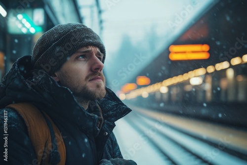 Young man waiting for train arrival during snowfall in winter at railway station