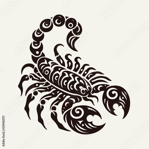 Intricate Scorpion Illustration: A highly detailed illustration showcases a scorpion with elaborate patterns and elegant curves, creating a captivating visual