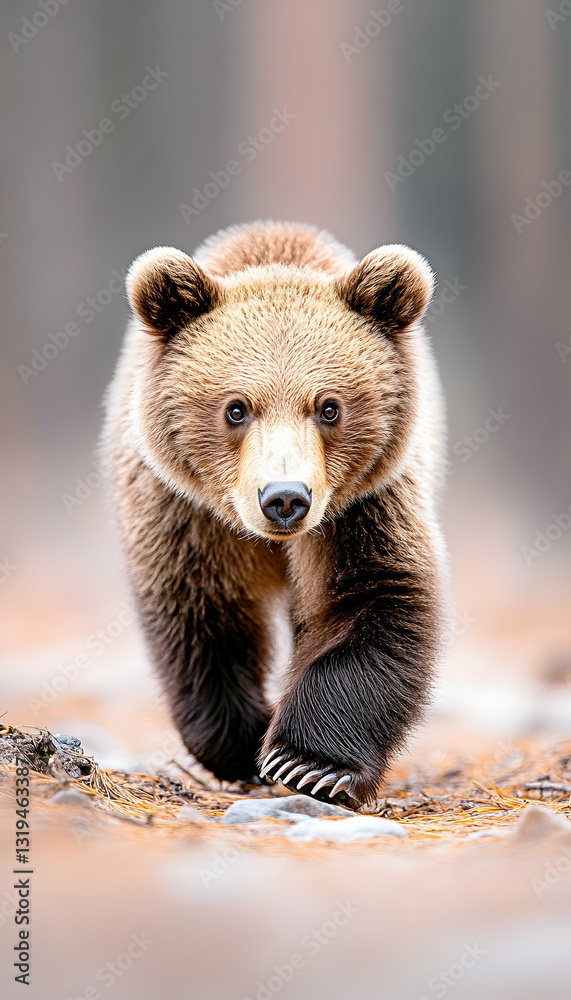 Obraz premium A brown bear cub strolls through the forest