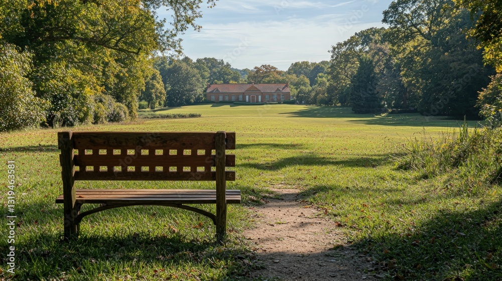 Serene park bench views country house Serene park bench views country house
