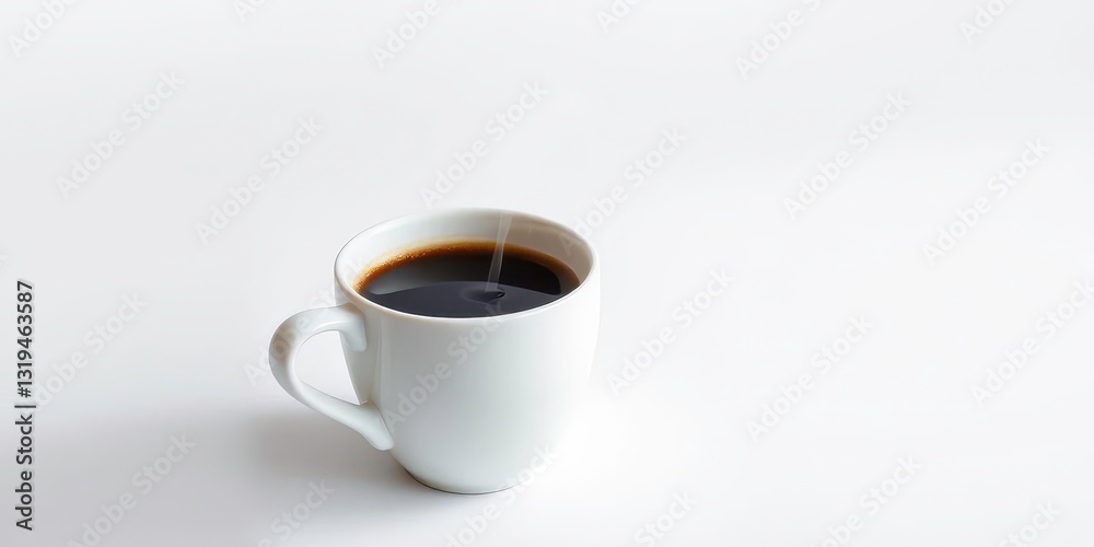 Steaming cup of coffee, white background, minimalist aesthetic, dark, object photography Steaming cup of coffee, white background, minimalist aesthetic, dark, object photography