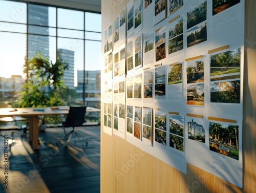 Storyboard key plot points displayed under soft fluorescent lighting in a modern office environment