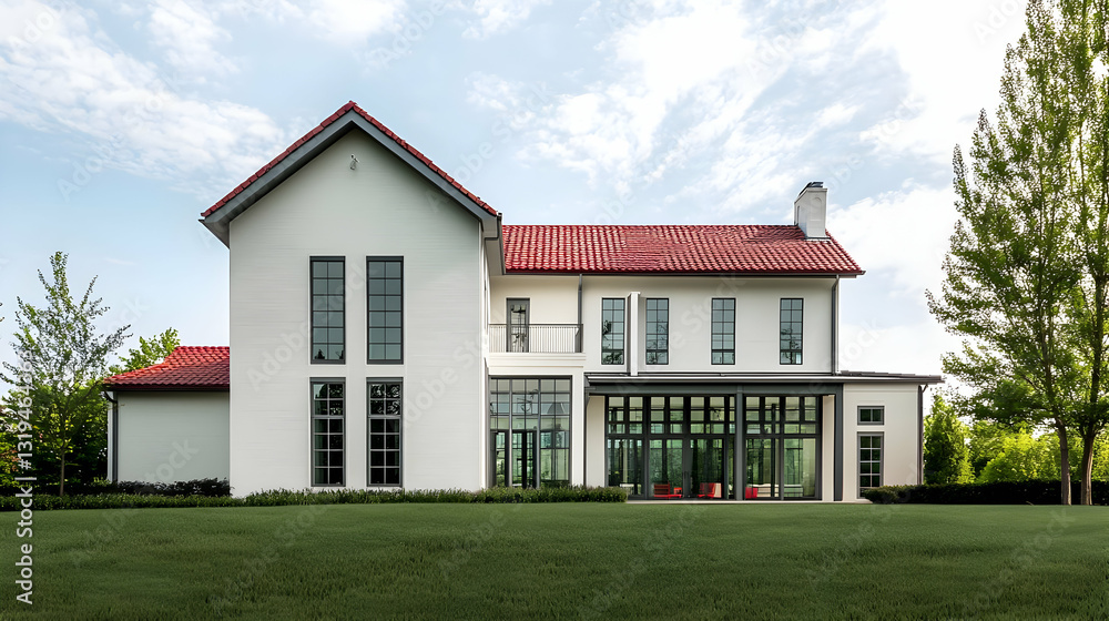 Modern White Two Story House With Red Tile Roof Green Lawn Backyard Patio and Lush Landscaping Under Cloudy Blue Sky Modern White Two Story House With Red Tile Roof Green Lawn Backyard Patio and Lush Landscaping Under Cloudy Blue Sky