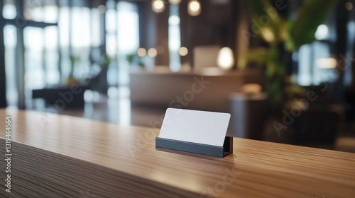 Modern receptionist hotel cafe card mockup on wooden desk