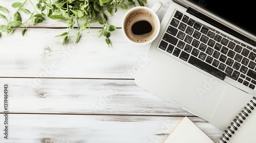 A cup of coffee and a laptop Mockup on a Minimal Office Desk