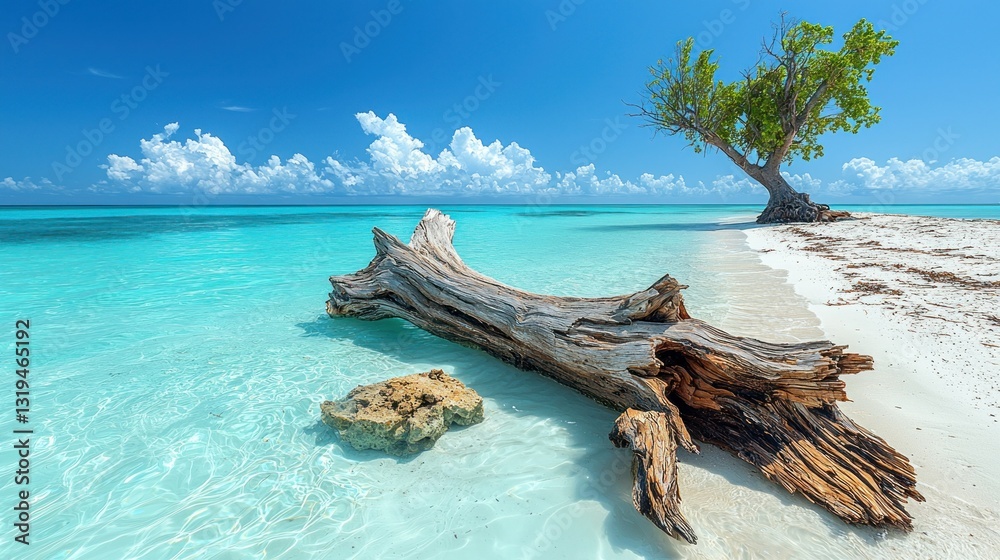 Turquoise water meets white sand beach, tree, log, clear sky, and fluffy clouds Turquoise water meets white sand beach, tree, log, clear sky, and fluffy clouds