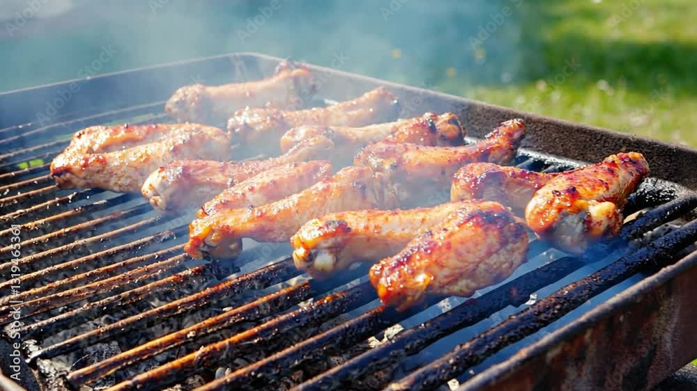 Chicken Wings Grilling on a BBQ Grill with Smoke