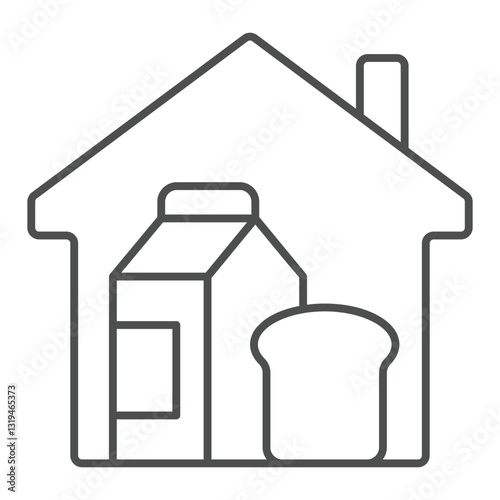 Grocery products at home thin line icon, eat what you want concept. Vector graphics. House package bread, building with food sign on white background, outline style icon for mobile or web.