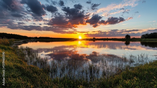 Serene sunset reflection over calm lake nature scene tranquil environment landscape viewpoint peaceful concept photo