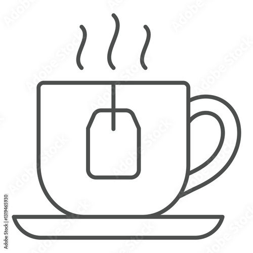 Cup of hot tea with teabag thin line icon, floral garden tea drinks concept. Vector graphics. Ceramic cup on plate sign on white background, outline style icon for mobile or web design.