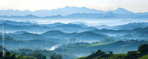 Misty mountain valley sunrise