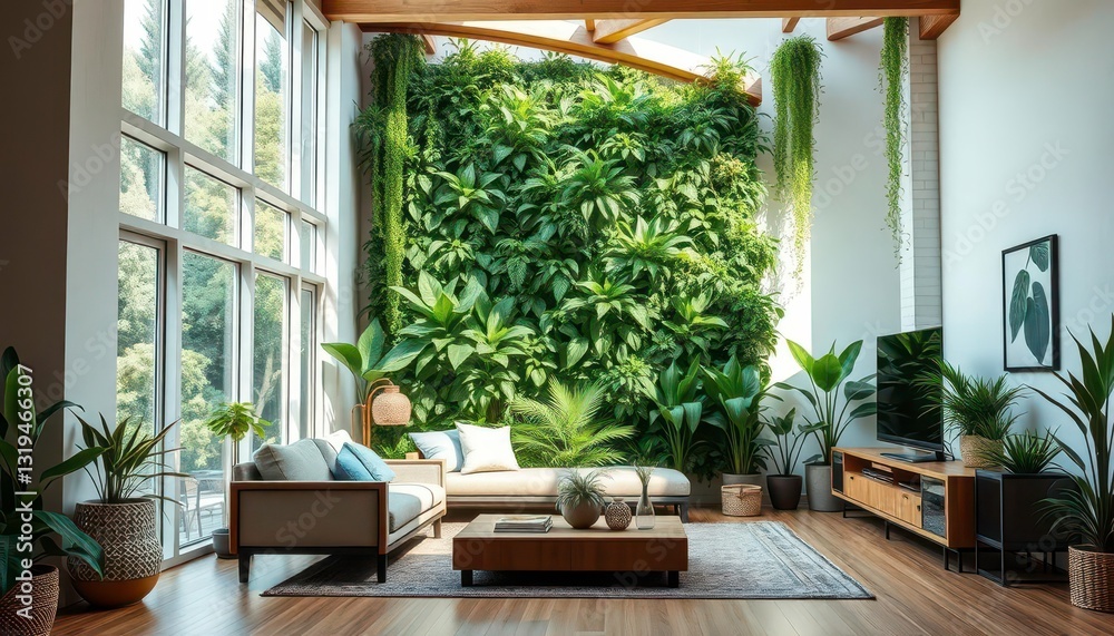 Sunlit living room featuring a vibrant vertical garden, showcasing natural textures and abundant greenery, contemporary, foliage