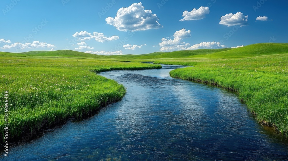 Serene river winding through a lush green meadow under a vibrant blue sky Serene river winding through a lush green meadow under a vibrant blue sky