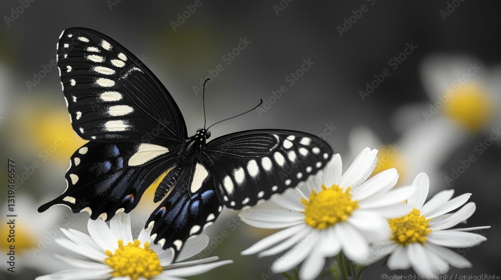 Elegant black butterfly rests on white daisies Elegant black butterfly rests on white daisies