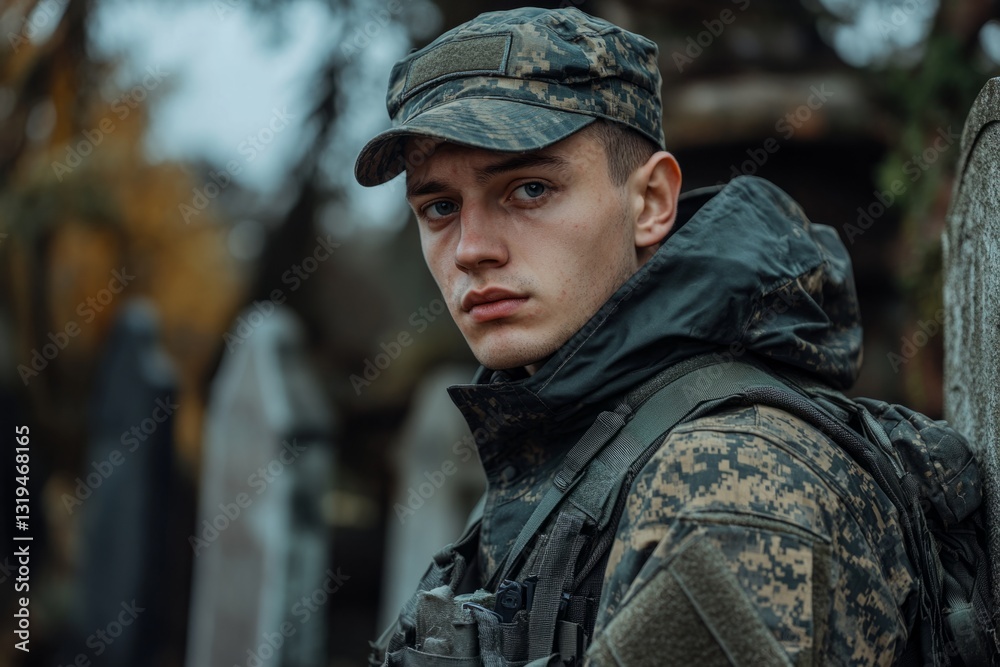 Obraz premium Young soldier wearing camouflage uniform and cap standing in cemetery, looking serious and determined