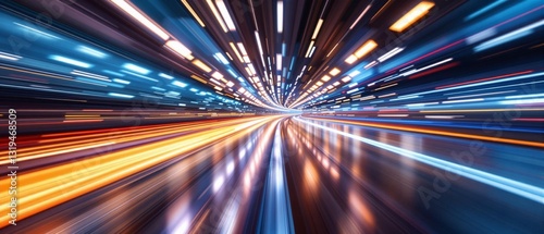 A vibrant tunnel with streaks of blue, orange, and yellow lights creating a sense of high-speed motion.