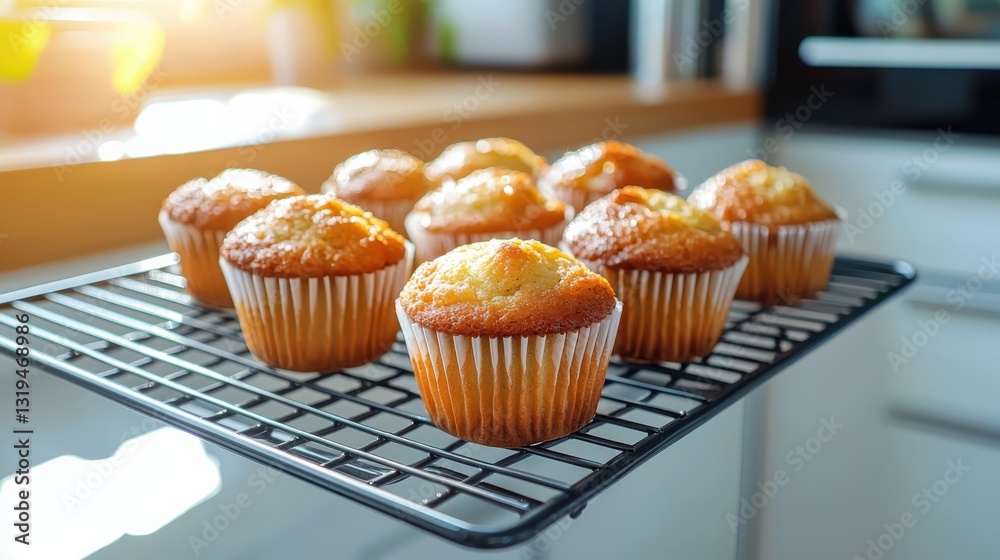 Freshly baked cupcakes cooling on a rack in a softly lit kitchen top angle photography of delicious treats Freshly baked cupcakes cooling on a rack in a softly lit kitchen top angle photography of delicious treats
