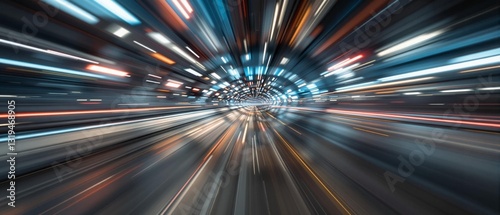 A dark tunnel filled with streaking lights, giving the impression of rapid movement through space.
