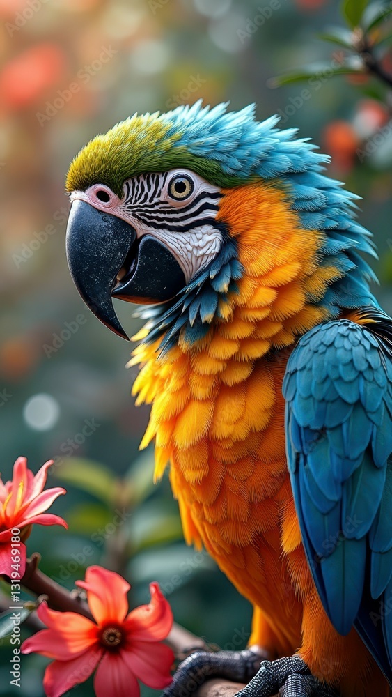 Fototapeta premium Colorful macaw parrot in tropical setting with bright feathers and exotic flowers