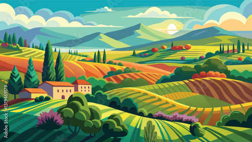 Picturesque Rural Landscape Rolling Hills Farmland Houses Sunny Day