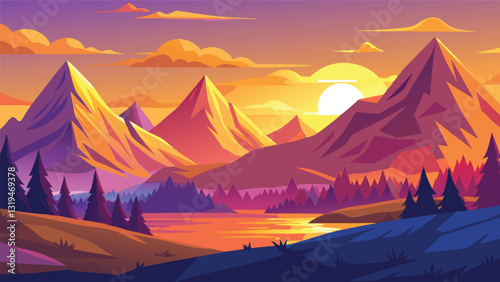 Vibrant Sunset Landscape Majestic Mountains Lake and Forest at Golden Hour