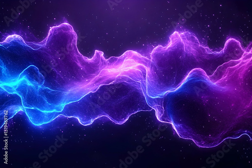 Abstract swirling neon light waves on dark background