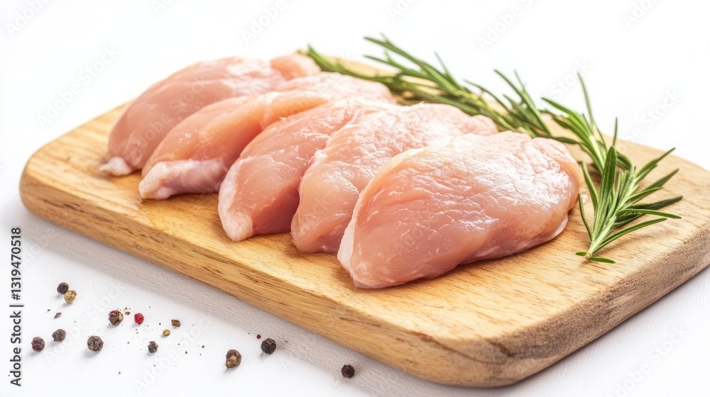 Raw chicken breast slices on wooden board with rosemary Raw chicken breast slices on wooden board with rosemary