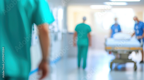 Blurred hospital staff in modern geriatric ward with elderly care focus