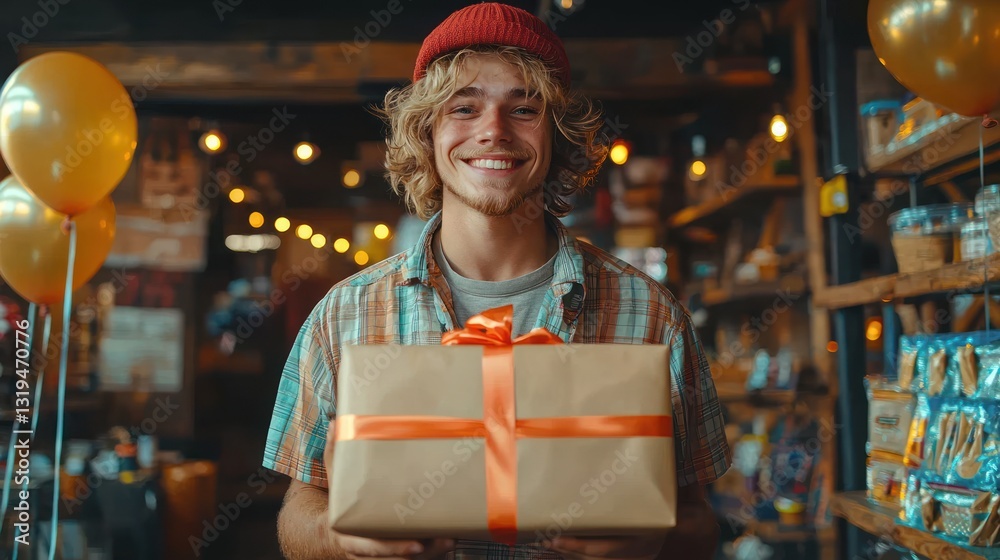 Obraz premium Smiling young man holding a gift
