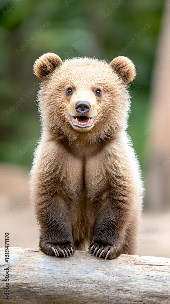 Fototapeta premium Adorable brown bear cub, standing and smiling