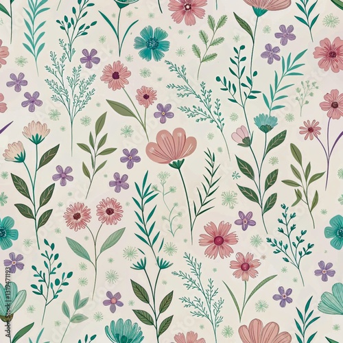 Wallpaper Mural Soft Pastel Wildflower Seamless Pattern, Spring Garden Florals Torontodigital.ca