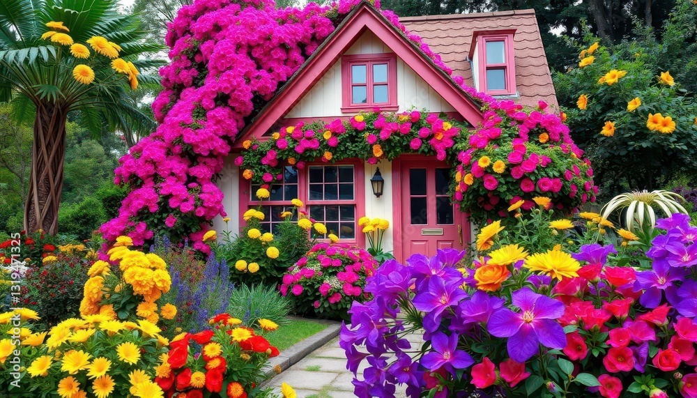 Vibrant blooms in colorful array border charming house, home, colorful