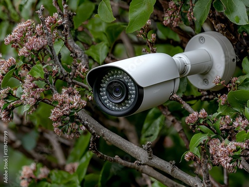Security Camera Mounted in Bush with Blossoms, Surveillance, Peace of Mind