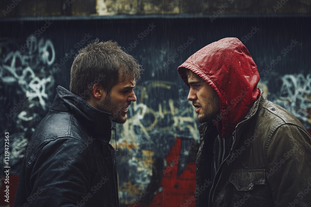 Two young men arguing face to face under the rain in front of a graffiti wall Two young men arguing face to face under the rain in front of a graffiti wall