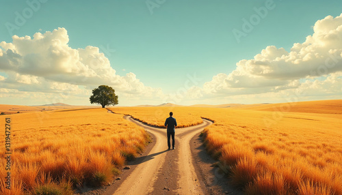 Individual standing at a crossroads in a field, representing the journey of finding purpose
