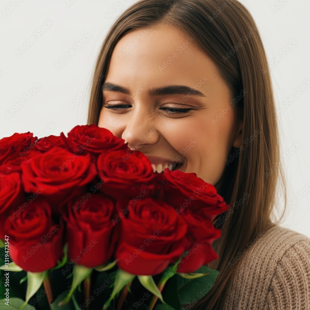 Young caucasian female smiling with red roses, expressing happiness and love Young caucasian female smiling with red roses, expressing happiness and love