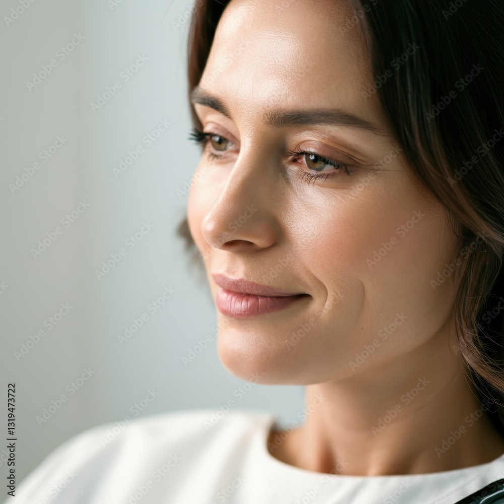 Thoughtful caucasian female adult with brown hair in profile view Thoughtful caucasian female adult with brown hair in profile view