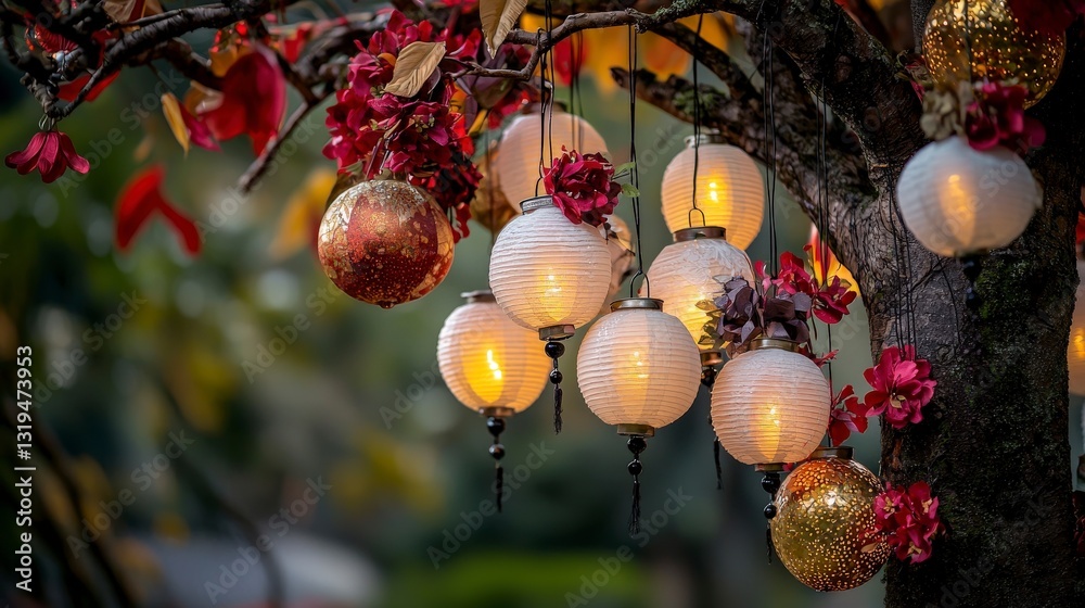 Obraz premium Joyful family gathering lanterns illuminate outdoor park celebration in a warm festive atmosphere