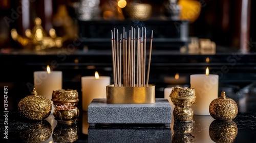 Tranquil temple altar with incense sticks a close-up of a serene cultural artifact in a peaceful environment