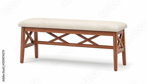 Beige cushioned wooden bench with decorative cross-shaped accents