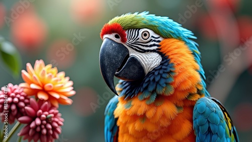 Vibrant blue and orange parrot with colorful plumage and flowers in natural setting