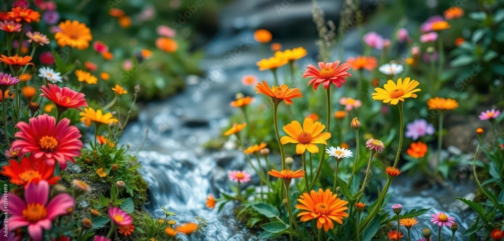 Naklejka premium Vibrant wildflowers bloom amidst flowing data streams, representing a thriving ecosystem, wildflower, summer