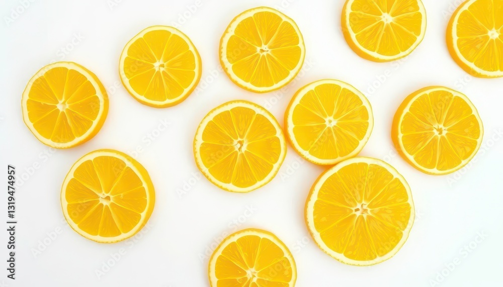 Vibrant yellow lemon slices arranged on a white background, juicy, texture Vibrant yellow lemon slices arranged on a white background, juicy, texture