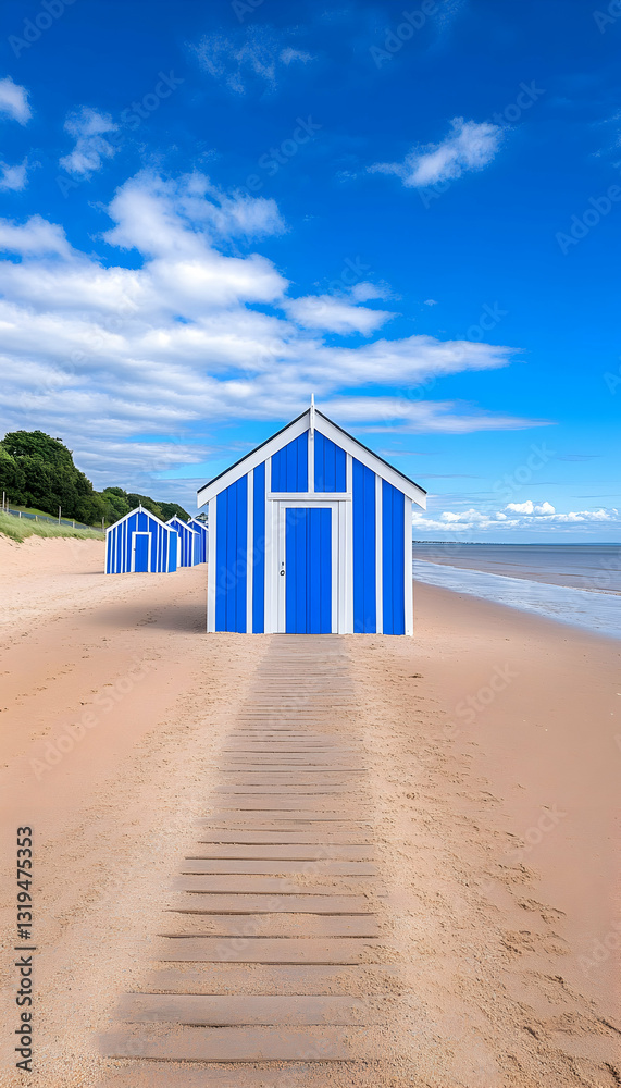 Fototapeta premium Blue beach huts on a sandy shore under a bright sky