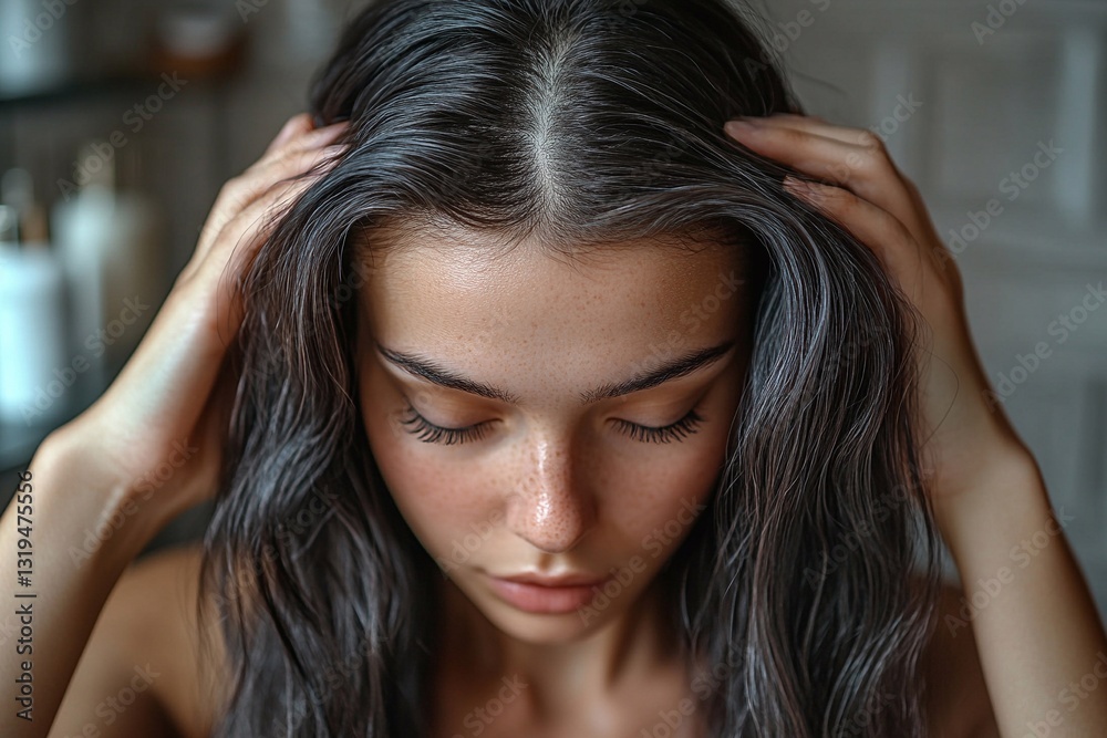 Obraz premium Young woman with long dark hair softly touching her head in a serene indoor setting